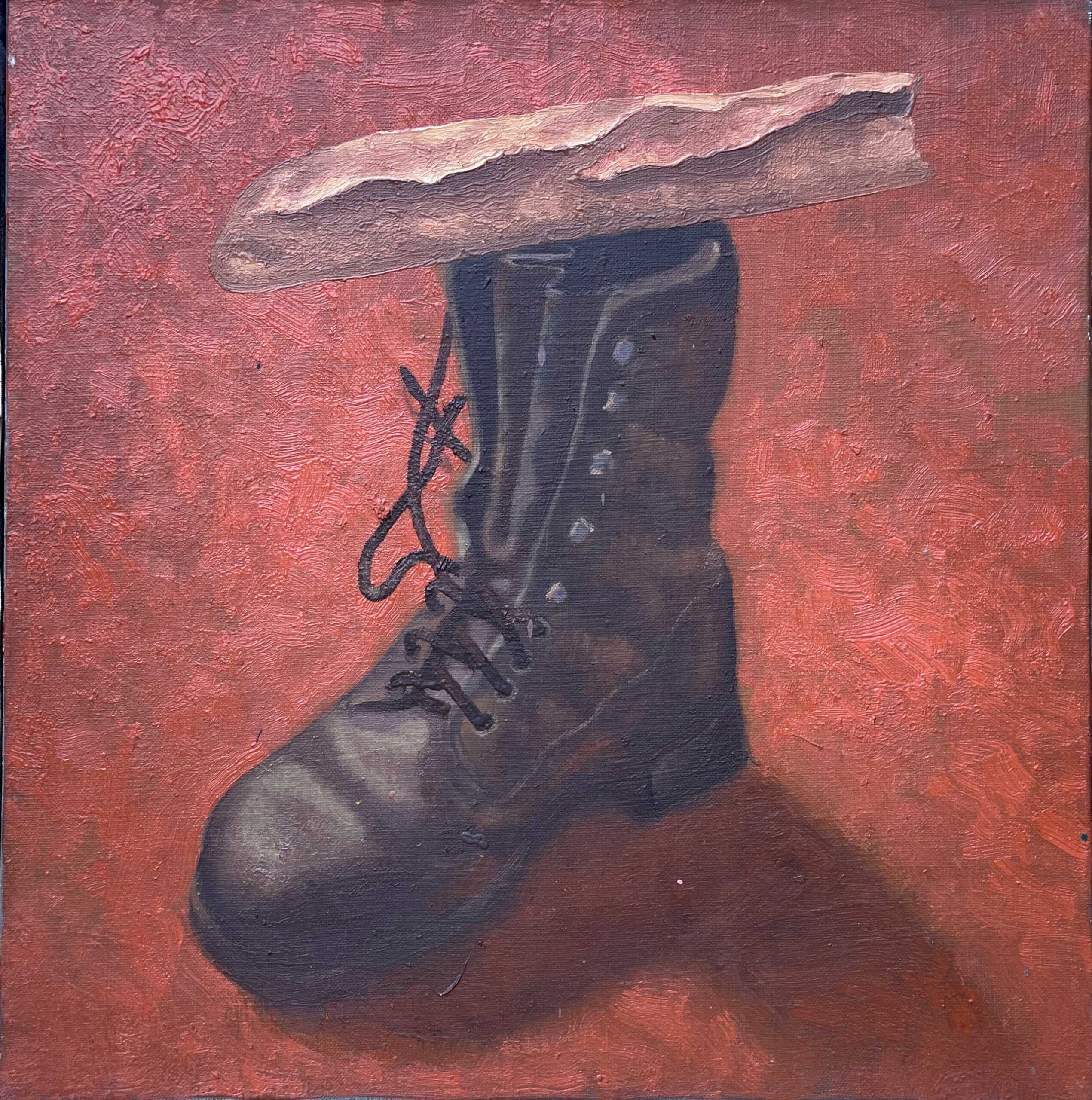 Anton Solomoukha oil on canvas painting depicting a boot with a baguette, 40x40cm